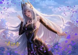 Rule 34 | 1girl, absurdres, arm up, artist request, black dress, blue sky, closed mouth, clothing cutout, cloud, detached collar, douluo dalu, dress, falling petals, field, flower, flower field, highres, long hair, petals, purple eyes, purple flower, qian renxue (douluo dalu), second-party source, side cutout, sky, solo, strapless, strapless dress, tiara, upper body, white hair