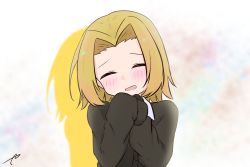 Rule 34 | 1girl, black cardigan, blonde hair, blush, cardigan, closed eyes, colored shadow, commentary request, drop shadow, facing viewer, forehead, hori-san to miyamura-kun, kujou karasuma, long sleeves, open mouth, parted bangs, shadow, signature, sleeves past fingers, sleeves past wrists, smile, solo, upper body, yoshikawa yuki (hori-san to miyamura-kun)