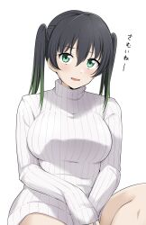 Rule 34 | 1girl, alternate breast size, barkhorn0331, black hair, blush, breasts, commentary request, gradient hair, green eyes, green hair, hair between eyes, highres, large breasts, long sleeves, looking at viewer, love live!, love live! nijigasaki high school idol club, medium hair, multicolored hair, parted lips, sidelocks, sitting, sleeves past wrists, solo, sweater, takasaki yu, translation request, turtleneck, turtleneck sweater, twintails, upper body, white background, white sweater