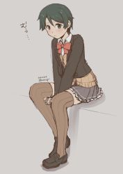 Rule 34 | 1girl, black hair, black jacket, blazer, brown skirt, brown thighhighs, cardigan, cosplay, embarrassed, green eyes, grey background, jacket, kantai collection, loafers, mogami (kancolle), nao (nao eg), orange neckwear, pleated skirt, school uniform, shoes, short hair, simple background, sitting, skirt, solo, suzuya (kancolle), suzuya (kancolle) (cosplay), suzuya kai ni (kancolle), swept bangs, thighhighs