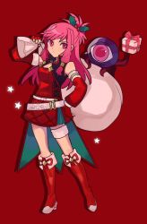 Rule 34 | 1girl, alternate costume, bag, belt, boots, box, christmas, detached sleeves, dress, fingerless gloves, fire emblem, fire emblem: the sacred stones, full body, gift, gift box, gloves, hand on own hip, hat, highres, kurimori, long hair, looking at viewer, marisa (fire emblem), monster, nintendo, pink eyes, pink hair, red background, red dress, red footwear, red gloves, ribbon, sack, santa costume, santa hat, star (symbol)