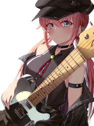 Rule 34 | 1girl, arm strap, bare shoulders, black choker, black hat, black jacket, black shirt, blue eyes, breasts, buttons, cabbie hat, choker, collared shirt, earrings, electric guitar, fender telecaster, guitar, hat, highres, holding, holding instrument, instrument, jacket, jewelry, long hair, looking at viewer, low twintails, medium breasts, mole, mole under eye, neck ribbon, off shoulder, open clothes, open jacket, original, pink hair, red ribbon, ribbon, shirt, sidelocks, simple background, sleeveless, sleeveless shirt, solo, soya (torga), stud earrings, twintails, upper body, white background