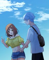 Rule 34 | 1boy, 1girl, :d, absurdres, alternate costume, arm grab, atelier (series), atelier ryza, bag, bare shoulders, black pants, blouse, blue hair, blue sky, bos brunnen, brown eyes, brown hair, cloud, collarbone, commentary request, contemporary, cropped shirt, denim, denim shorts, hair ornament, hairclip, highres, index finger raised, kaninoko, looking at another, midriff, navel, off-shoulder shirt, off shoulder, open mouth, pants, reisalin stout, shirt, short hair, short sleeves, shorts, shoulder bag, sky, smile, white shirt, yellow shirt
