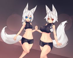 Rule 34 | 2girls, :d, animal ear fluff, animal ears, bare arms, bare shoulders, barefoot, bike shorts, blue eyes, braid, breasts, commentary, crop top, fang, fox ears, fox tail, holding hands, highres, interlocked fingers, large breasts, lens flare, long hair, midriff, multiple girls, navel, open mouth, original, red eyes, signature, sleeveless, sleeveless turtleneck, small breasts, smile, standing, standing on one leg, stomach, sub-res, tail, turtleneck, white hair