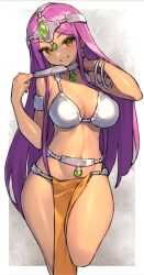 Rule 34 | 1girl, armor, belt, bikini armor, blush, breasts, brown eyes, cleavage, commentary request, dragon quest, dragon quest iv, grin, headgear, highres, itsumo nokoru, large breasts, loincloth, long hair, looking at viewer, manya (dq4), navel, partial commentary, purple hair, smile, solo