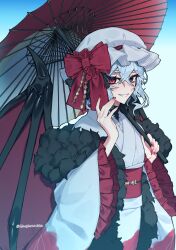 Rule 34 | 1girl, \||/, absurdres, alternate costume, artist name, bat wings, bloom, breasts, frills, fur trim, grin, hair between eyes, hand up, hat, highres, himadera, holding, holding umbrella, japanese clothes, kimono, long sleeves, looking at viewer, nail polish, obi, oil-paper umbrella, red nails, red obi, red umbrella, remilia scarlet, sash, short hair, simple background, small breasts, smile, teeth, touhou, umbrella, upper body, white kimono, wide sleeves, wings
