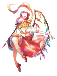 Rule 34 | 1girl, absurdres, ascot, breasts, closed mouth, collared shirt, crystal, flandre scarlet, from side, highres, long hair, ludou maomao, multicolored wings, no socks, one side up, petticoat, pink headwear, puffy short sleeves, puffy sleeves, red eyes, red footwear, red ribbon, red skirt, red vest, ribbon, ribbon-trimmed headwear, ribbon trim, shirt, short sleeves, skirt, small breasts, solo, touhou, vest, white background, white shirt, wings, yellow ascot