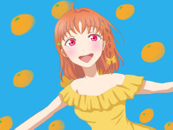 Rule 34 | 1girl, aqua background, artist name, artist request, bare shoulders, blush, breasts, clover hair ornament, collarbone, female focus, food, fruit, hair ornament, highres, looking at viewer, love live!, love live! sunshine!!, off-shoulder shirt, off shoulder, orange (fruit), orange hair, outstretched arms, parted lips, red eyes, shirt, short hair, small breasts, smile, solo, takami chika, uzuchio (pixiv14353328), yellow shirt