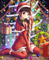 Rule 34 | 1girl, absurdres, bell, belt, belt buckle, between legs, black hair, blue ribbon, blunt bangs, blush, boots, bow, bowtie, box, breath, brown belt, brown eyes, buckle, buttons, candy, candy cane, capelet, christmas, christmas ornaments, christmas stocking, christmas tree, closed mouth, commentary request, dated, dress, elbow gloves, english text, engrish text, food, full body, fur-trimmed boots, fur-trimmed capelet, fur-trimmed dress, fur-trimmed legwear, fur trim, giant object, gift, gift box, gloves, green bow, green bowtie, green ribbon, hair bell, hair ornament, hair over shoulder, hand up, hat, head tilt, highres, holding, light smile, lollipop, long hair, looking at viewer, low twintails, on ground, original, polka dot, purple ribbon, qi==qi, ranguage, red capelet, red dress, red footwear, red gloves, red hat, red ribbon, red thighhighs, ribbon, santa hat, shiny clothes, signature, sitting, solo, star (symbol), striped ribbon, thighhighs, twintails, wariza