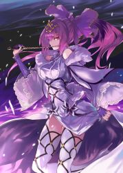 Rule 34 | 1girl, absurdres, breasts, dress, fate/grand order, fate (series), fur trim, hair between eyes, hair ribbon, highres, large breasts, long hair, looking at viewer, ohland, ponytail, purple dress, purple hair, purple legwear, purple ribbon, red eyes, ribbon, scathach (fate), scathach skadi (fate), scathach skadi (third ascension) (fate), solo, thighs, tiara, wand, wide sleeves, wind, wind lift
