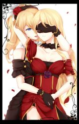 Rule 34 | 10s, 2girls, alternate hairstyle, ayase eli, bare shoulders, black dress, black gloves, blonde hair, blue eyes, breasts, cleavage, covering own eyes, detached sleeves, dress, dual persona, gemi 25, gloves, hair between eyes, hair down, hand on another&#039;s head, highres, holding hands, hug, hug from behind, long hair, looking at another, love live!, love live! school idol project, medium breasts, multiple girls, open mouth, parted lips, ponytail, red dress, scrunchie, simple background, yuri