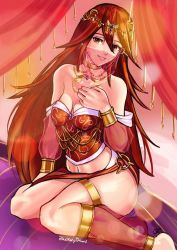 Rule 34 | 1girl, alternate costume, arabian clothes, artist name, bare legs, breasts, choker, cleavage, cordelia (fire emblem), covered mouth, dancer, fire emblem, fire emblem awakening, hair ornament, highres, jackary, long hair, looking at viewer, mouth veil, navel, nintendo, parted lips, red eyes, red hair, see-through, sitting, small breasts, smile, solo, thighs, veil