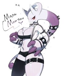 Rule 34 | 1girl, asymmetrical legwear, belt, bracelet, breasts, choker, cleavage, creatures (company), crop top, cropped jacket, ear piercing, furry, furry female, game freak, gen 1 pokemon, hand on own hip, highres, jacket, jewelry, large breasts, legendary pokemon, long hair, looking at viewer, mega mewtwo y, mega pokemon, mewtwo, midriff, navel, nintendo, open clothes, open jacket, piercing, pokemon, pokemon (creature), red eyes, short shorts, shorts, spiked bracelet, spikes, thick thighs, thigh belt, thigh strap, thighs, togetoge, very long hair, wide hips