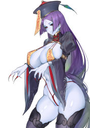Rule 34 | 1girl, absurdres, areola slip, bdsm, blue skin, breasts, closed mouth, colored skin, covered erect nipples, fate/grand order, fate (series), fingernails, grey hat, grey thighhighs, hat, highres, jiangshi, large breasts, long fingernails, long hair, long sleeves, minamoto no raikou (fate), nail polish, pork belly (artist), puffy sleeves, purple eyes, purple hair, red nails, red pupils, red rope, rope, sharp fingernails, simple background, solo, talisman, thighhighs, very long fingernails, very long hair, white background, wide sleeves