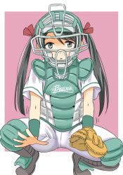 Rule 34 | 1girl, baseball glove, baseball uniform, hair ribbon, kantai collection, looking at viewer, mikuma (kancolle), ribbon, shimouki izui, solo, sportswear, squatting, twintails
