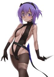 Rule 34 | 1girl, backless outfit, bandaged leg, bandages, bare shoulders, belt, belt skirt, black gloves, black leotard, black pantyhose, blush, breasts, brown pantyhose, center opening, cleavage, covered erect nipples, dark-skinned female, dark skin, elbow gloves, fate/grand order, fate/prototype, fate/prototype: fragments of blue and silver, fate (series), floral print, from side, gloves, groin, hair between eyes, hairband, halterneck, hassan of serenity (fate), highleg, highleg leotard, highres, hip focus, holding, holding weapon, kazuma muramasa, kunai, leotard, looking at viewer, lowleg, lowleg pantyhose, medium breasts, navel, pantyhose, parted lips, purple eyes, purple hair, revealing clothes, short hair, sideboob, sidelocks, simple background, skindentation, solo, standing, turtleneck, weapon, white background