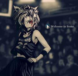 Rule 34 | 1girl, animal ears, armband, basketball, basketball hoop, basketball uniform, blood, blood on face, blurry, collarbone, crowd, depth of field, english text, engrish text, hands on own hips, hat, highres, inubashiri momiji, kevin garnett, koissa, lights, logo, minnesota timberwolves, mouth guard, mouth hold, muted color, national basketball association, ranguage, red eyes, short hair, solo, sportswear, spot color, tokin hat, toned, touhou, wolf ears, wristband