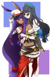 Rule 34 | 2girls, abs, alternate costume, animal ears, bare shoulders, belt, beret, black hair, black shorts, blue hair, bracelet, breasts, buttons, colored inner hair, dark-skinned female, dark skin, detached collar, double-breasted, earrings, elbow gloves, facepaint, facial mark, fate/grand order, fate (series), gloves, green headwear, green jacket, grey eyes, hat, highres, hoop earrings, jackal ears, jacket, jewelry, long hair, long sleeves, looking at another, low-tied long hair, medium breasts, midriff, multicolored hair, multiple girls, navel, neck ring, necktie, nitocris (fate), nitocris (lostroom outfit) (fate), off shoulder, oiun, peaked cap, purple eyes, purple hair, red skirt, round eyewear, shorts, sidelocks, skirt, small breasts, sunglasses, tenochtitlan (fate), tenochtitlan (second ascension) (fate), thighhighs, thighs, very long hair, wavy hair, white gloves, white headwear, white thighhighs