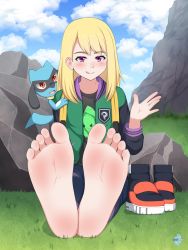 Rule 34 | 1girl, barefoot, blonde hair, blush, character request, creatures (company), feet, foot focus, game freak, gen 4 pokemon, highres, long hair, looking at viewer, lululewd, nintendo, original, pokemon, pokemon (creature), purple eyes, riolu, rock, sitting, smile, soles, toes, tongue, tongue out