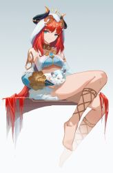 Rule 34 | 1girl, bare shoulders, barefoot, blue eyes, cat, closed mouth, feet, forehead jewel, gem, genshin impact, harem outfit, horns, legs, lettereast, long hair, long sleeves, looking at viewer, midriff, nilou (genshin impact), puffy long sleeves, puffy sleeves, red hair, sitting, toes, vambraces, veil