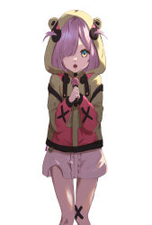 Rule 34 | 1girl, absurdres, commission, eien project, green eyes, highres, holding, hood, hoodie, knees, knees up, looking at viewer, microphone, music, nose, one eye covered, open mouth, purple hair, shirt, short hair, simple background, singing, solo, thighs, virtual youtuber, white background, zumi dokumi