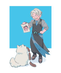 Rule 34 | 1boy, apron, black apron, black pants, black vest, blue necktie, brown footwear, closed eyes, dog, facial hair, fate/grand order, fate (series), full body, grey hair, grey shirt, hand on own hip, highres, holding, holding paper, james moriarty (archer) (fate), linked sausages, male focus, mustache, necktie, no, old, old man, oneroom-disco, open mouth, pants, paper, sherlock holmes (fate), shirt, solo, vest, waist apron
