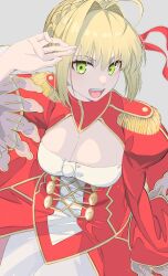 Rule 34 | 1girl, absurdres, ahoge, anianiani0607, blonde hair, braid, breasts, cleavage, commentary, dress, epaulettes, fate/extra, fate (series), french braid, green eyes, hair between eyes, hair bun, hair intakes, hair ribbon, hand up, highres, large breasts, looking at viewer, medium breasts, nero claudius (fate), nero claudius (fate) (all), nero claudius (fate/extra), open mouth, ribbon, short hair, simple background, single hair bun, sitting, solo, teeth, upper teeth only