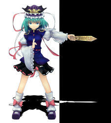 Rule 34 | 1girl, blue eyes, dress, epaulettes, gin fuaru, green hair, hat, hat ornament, hat ribbon, highres, juliet sleeves, layered dress, leg warmers, light frown, long sleeves, mary janes, outstretched arm, puffy sleeves, ribbon, rod of remorse, shiki eiki, shoes, short hair, solo, touhou, two-tone background