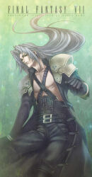 Rule 34 | 1boy, aimio nagi, belt, belt buckle, black belt, black coat, black footwear, black gloves, black pants, boots, bracer, buckle, chest strap, coat, collared coat, final fantasy, final fantasy vii, floating, floating hair, gloves, green eyes, grey hair, hand up, long coat, long hair, male focus, open clothes, open coat, pants, serious, thigh boots