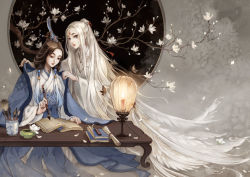 Rule 34 | 2girls, absurdly long hair, book, bracelet, brown hair, brush, bug, butterfly, candle, chinese clothes, dress, earrings, closed eyes, flower, hair ornament, hair stick, hanfu, head tilt, insect, jewelry, ko hokoryoku, lamp, long hair, long sleeves, multiple girls, open book, original, paintbrush, pale skin, scroll, see-through, sitting, standing, table, tree, very long hair, white dress, white flower, white hair