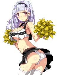 Rule 34 | 1girl, anchor choker, armpits, ass, azur lane, blouse, breasts, butt crack, cheerleader, clothes writing, clothing cutout, crop top, crop top overhang, dido (azur lane), hairband, highres, holding, holding pom poms, lace-trimmed hairband, lace trim, large breasts, looking at viewer, looking back, macaroni hourensou, midriff, miniskirt, panties, pleated skirt, pom pom (cheerleading), pom poms, purple eyes, shirt, skirt, sleeveless, sleeveless shirt, solo, thighhighs, underboob, underboob cutout, underwear, white hair, white panties