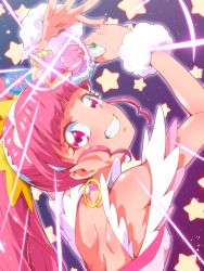 Rule 34 | 1girl, arms up, backless outfit, blunt bangs, breasts, cure star, grin, hair ornament, head tilt, holding, hoshina hikaru, long hair, looking at viewer, looking back, pink hair, precure, red eyes, shiny skin, shoulder blades, small breasts, smile, solo, star (symbol), star twinkle precure, tj-type1, twintails, upper body, very long hair, wrist cuffs