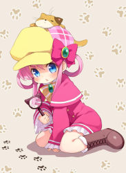 Rule 34 | 10s, 1girl, animal, animal on head, bad id, bad pixiv id, between thighs, blue eyes, blush, boots, bow, cat, cat on head, child, hat, kamaboko (milky holmes), kito (sorahate), magnifying glass, on head, paw print, pink bow, pink hair, sherlock shellingford, sitting, solo, tantei opera milky holmes, wariza