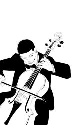 Rule 34 | 1boy, bow, bowtie, cello, chengongzi123, closed mouth, coat, collared shirt, facial hair, goatee stubble, golden kamuy, hands up, highres, holding, holding instrument, instrument, invisible chair, long sleeves, looking at object, looking to the side, male focus, music, pants, playing instrument, shirt, short hair, simple background, sitting, solo, stubble, tsukishima hajime, upper body, very short hair, white background
