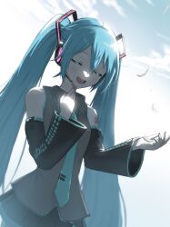 Rule 34 | 1girl, :d, absurdres, arm tattoo, black skirt, black sleeves, blue hair, blue necktie, blue trim, closed eyes, collared shirt, commentary request, day, detached sleeves, dress shirt, grey shirt, hair ornament, hand on own chest, hatsune miku, headphones, headset, highres, long hair, long sleeves, microphone, miniskirt, music, necktie, number tattoo, open mouth, outdoors, outstretched arm, pleated skirt, shirt, singing, skirt, sleeveless, sleeveless shirt, smile, solo, standing, tattoo, twintails, very long hair, vocaloid, wawasuke, wing collar