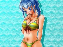 Rule 34 | 1girl, ange serena, bare shoulders, bikini, blue eyes, blue hair, blush, breasts, cleavage, long hair, midriff, navel, open mouth, ponytail, swimsuit, tales of (series), tales of innocence