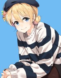 Rule 34 | 10s, 1girl, bad id, bad pixiv id, beret, black hat, black shirt, blonde hair, blouse, blue background, blue eyes, braid, braided bun, casual, closed mouth, darjeeling (girls und panzer), girls und panzer, hair bun, hat, highres, kerorira, light smile, long sleeves, looking at viewer, shirt, short hair, simple background, solo, squatting, striped clothes, striped shirt, twin braids, upper body