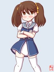 Rule 34 | 1girl, :&lt;, alternate costume, artist logo, brown eyes, brown hair, closed mouth, cosplay, crossed arms, flat chest, gloves, kanon (kurogane knights), kantai collection, looking at viewer, medium hair, one-hour drawing challenge, ryuujou (kancolle), simple background, solo, thighhighs, twintails, ukuru (kancolle), ukuru (kancolle) (cosplay), white gloves, white thighhighs