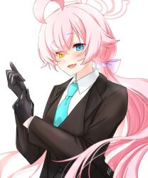 Rule 34 | 1girl, :d, ahoge, black gloves, black jacket, black suit, blue archive, blue eyes, blue necktie, blush, bow, collared shirt, fang, formal, glove pull, gloves, hair bow, halo, heterochromia, hoshino (blue archive), jacket, long hair, long sleeves, looking at viewer, necktie, open clothes, open jacket, open mouth, pink hair, rarasa (rarasa), shirt, sidelocks, simple background, skin fang, smile, solo, suit, upper body, white background, white bow, white shirt, yellow eyes