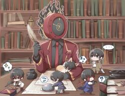 Rule 34 | ..., 1other, 5boys, ?, animal ears, arm wrap, ascot, belt, black belt, black eyes, black gloves, black hair, black shirt, black wings, blindfold, book, book stack, bookshelf, chibi, clock, coat, collared shirt, curled up, dante (limbus company), e.g.o (project moon), expressionless, flying sweatdrops, fox boy, fox ears, fox tail, glass shard, gloves, gradient hair, holding, holding glass shard, holding matchstick, holding quill, inkwell, limbus company, long sleeves, looking at another, lying, male focus, marbornath, matchbox, mini person, miniboy, multicolored hair, multiple boys, multiple persona, necktie, on side, pants, paper, project moon, quill, raincoat, red coat, red necktie, rock, scratches, shirt, single wing, sleeping, speech bubble, spoken ellipsis, spoken flying sweatdrops, spoken question mark, spoken sparkle, spoken zzz, striped clothes, striped coat, striped pants, table, tail, white ascot, white coat, white raincoat, wings, wooden table, yi sang (project moon), zzz