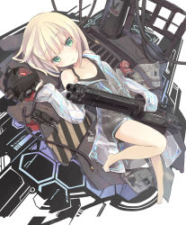 Rule 34 | 1girl, :o, bare legs, barefoot, black dress, black shirt, blonde hair, blush, can, cover image, dengeki bunko, dress, drink can, flat chest, foreshortening, green eyes, gun, highres, isegawa yasutaka, knee up, lily (lily in the gravity labyrinth), lily in the gravity labyrinth, looking at viewer, lying, md5 mismatch, multiple barrel gun, newspaper, novel illustration, official art, on back, open mouth, parted lips, raincoat, resolution mismatch, robot, see-through, shirt, sleeveless, sleeveless shirt, soda can, solo, source smaller, textless version, transparent, weapon, wire