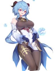 Rule 34 | 1girl, ahoge, bare shoulders, bell, blue gloves, blue hair, blush, breasts, brown pantyhose, clothes lift, covered navel, detached sleeves, ganyu (genshin impact), genshin impact, gloves, gold trim, highres, horns, large breasts, lcy bingzi, lifting own clothes, long hair, looking at viewer, neck bell, pantyhose, parted lips, purple eyes, sidelocks, smile, solo, standing, thighlet, thighs, waist cape, white background, white sleeves