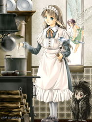 Rule 34 | 3girls, apron, brown hair, changling, cooking, elf, fairy, frying pan, insect wings, kayazu taira, kitchen, maid, maid apron, maid headdress, mini person, minigirl, monster, monster girl, multiple girls, naked apron, pantyhose, pointy ears, red eyes, size difference, spoon, steam, white legwear, wings