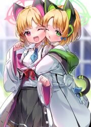 Rule 34 | 2girls, absurdres, animal ear headphones, animal ears, arm hug, black skirt, blonde hair, blue archive, blue bow, blue necktie, blush, bow, breasts, cheek-to-cheek, collared shirt, commentary, fake animal ears, green eyes, green halo, hair bow, halo, headphones, heads together, highres, jacket, long sleeves, midori (blue archive), momoi (blue archive), multicolored clothes, multicolored jacket, multiple girls, necktie, nyaruin, one eye closed, open mouth, pink halo, pleated skirt, red bow, red eyes, revision, shirt, short hair, siblings, sisters, skirt, small breasts, smile, twins, two-tone jacket, white jacket, white shirt