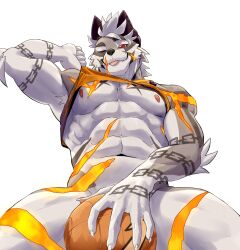 Rule 34 | 1boy, abs, absurdres, arm tattoo, cat n1p, covering privates, covering crotch, furry, furry male, highres, male focus, nipples, q&#039;ursha (housamo), shirt, sleeveless, sleeveless shirt, tattoo, tokyo houkago summoners