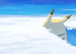 Rule 34 | above clouds, absurdres, bigglyboof, blue sky, cloud, commentary, creatures (company), day, from behind, game freak, gen 1 pokemon, gigantamax, gigantamax pikachu, highres, nintendo, no humans, pikachu, pokemon, pokemon (creature), pokemon swsh, sky