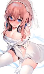 Rule 34 | 1girl, absurdres, between legs, blue eyes, blush, breasts, bridal veil, cleavage, closed mouth, commentary, dress, gloves, go-toubun no hanayome, hair between eyes, hand between legs, headphones, headphones around neck, highres, large breasts, long hair, looking at viewer, nakano miku, off shoulder, red hair, sidelocks, sitting, solo, thighhighs, veil, white dress, white gloves, white thighhighs, zerocat