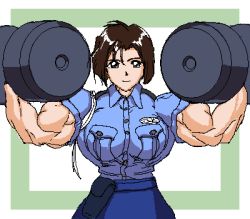 Rule 34 | breasts, brown eyes, brown hair, exercising, extreme muscles, holster, huge breasts, lowres, muscular, police, police uniform, policewoman, ren (tainca2000), short hair, skirt, taiho shichauzo, tsujimoto natsumi, uniform, weightlifting, weights