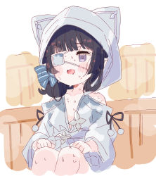 Rule 34 | 1girl, animal ears, animal hood, bare shoulders, black hair, blue bow, blush stickers, bow, copyright request, cropped legs, eyepatch, fake animal ears, hair bun, hood, hood up, looking away, medical eyepatch, meito (maze), open mouth, purple eyes, single hair bun, sitting, solo, striped, striped bow, sweat, wavy mouth