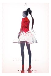 Rule 34 | 1girl, arms at sides, bad id, bad twitter id, black pantyhose, blood, blood drip, casual, character name, closed mouth, colored skin, dress, from behind, full body, high heels, high ponytail, legs apart, long hair, long sleeves, nose, orka, overwatch, overwatch 1, pantyhose, pigeon-toed, ponytail, profile, purple hair, purple skin, red footwear, red shirt, reflection, shirt, shoes, skirt, skirt set, solo, standing, standing on liquid, water, white skirt, widowmaker (overwatch), yellow eyes